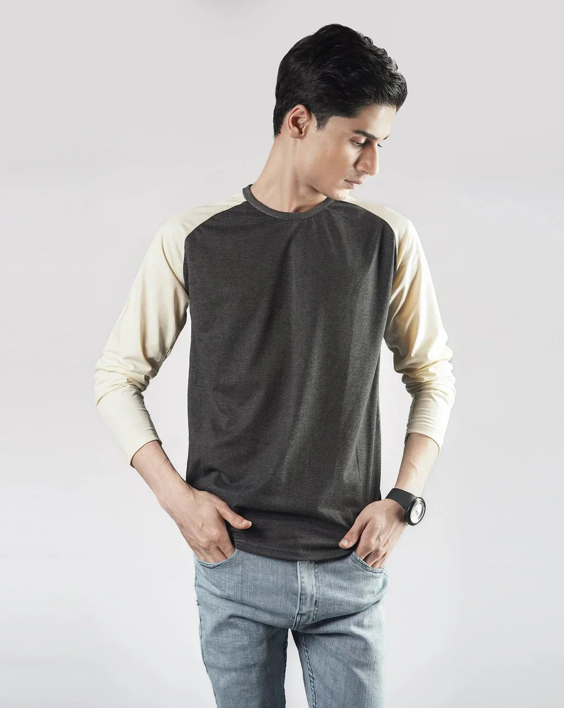 Pastel Yellow & Charcoal Raglan Full Sleeves