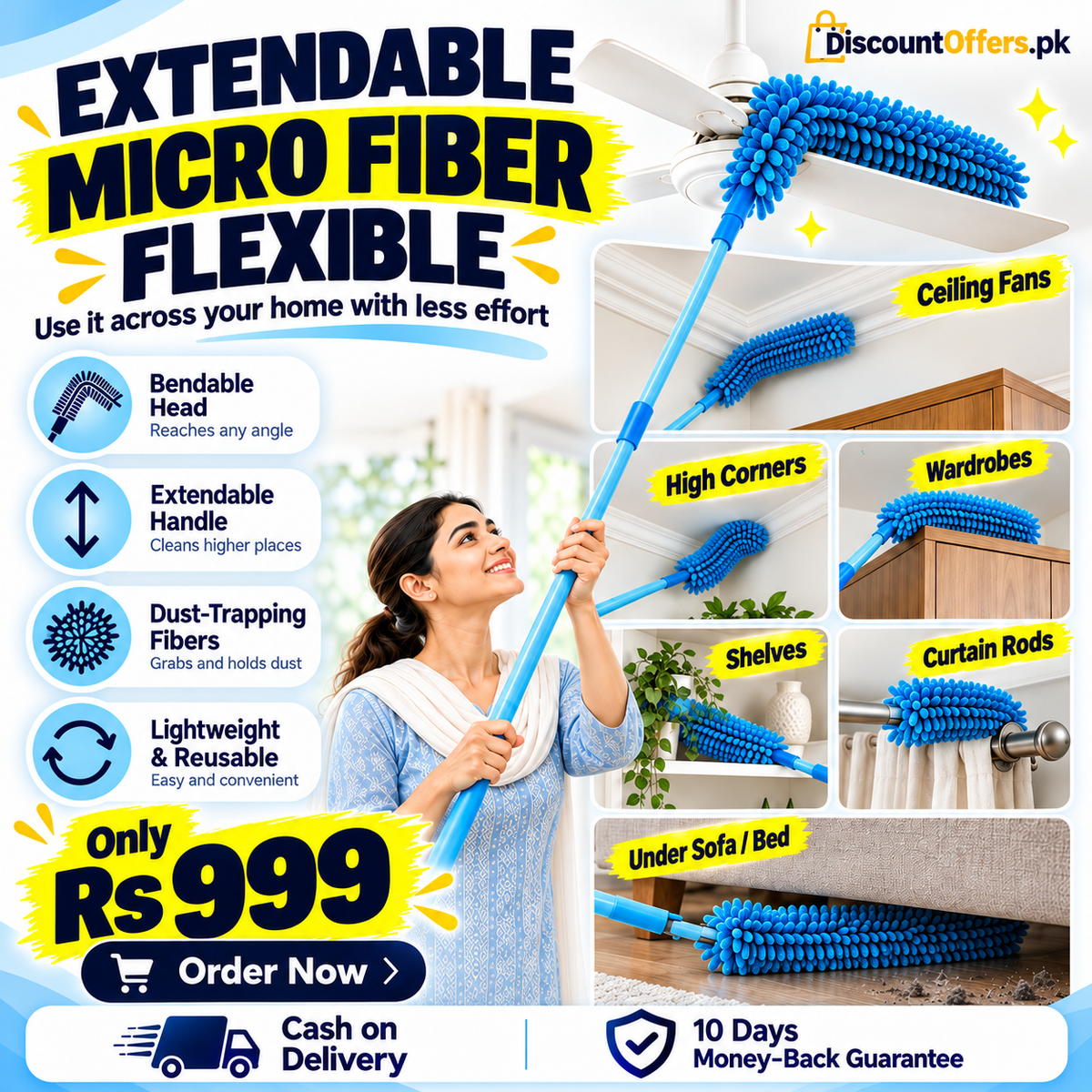 Extendable Micro Fiber Flexible Fan & Ceiling Duster with Long Handle