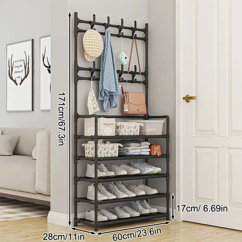2 in 1 Metal Space Saving Entryway Coat and Shoe Racks Storage Organizer For Home Dorms and Apartments