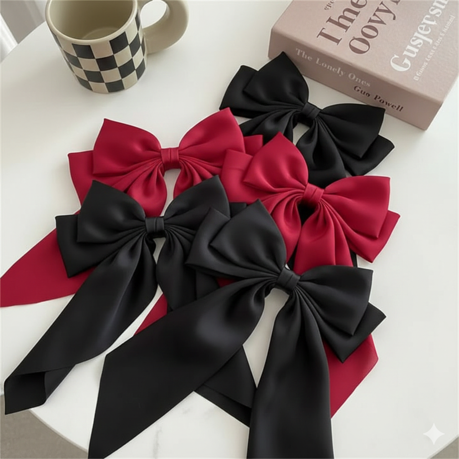 Pack of 2 Elegant Bow Ribbon Hair Clip Fashion Simple Solid Satin Spring Clip Hair Pin Retro Headband with Clips Girls Hair Accessories