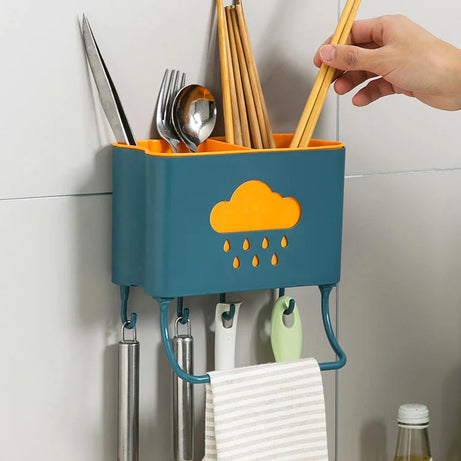 Kitchen Cloud Shelf Wall Mounted Cutlery Drainer Rack With 4 Hooks &amp; Towel Holder for Kitchen