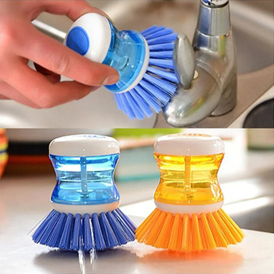 2 Pcs Kitchen Dishwasher Brush With Liquid Soap Dispenser