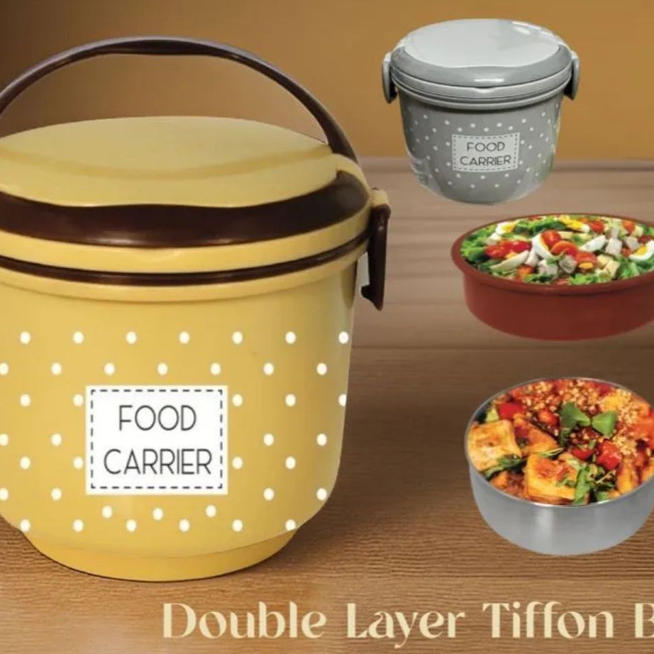 Plastic Food Career Double Layer Tiffin Lunch Box With Under Mini Steel Box for Food Storage