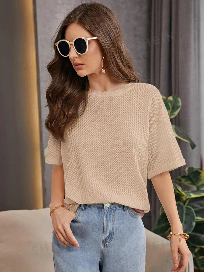 Premium Oversized Waffle Knitted Tee – Beige