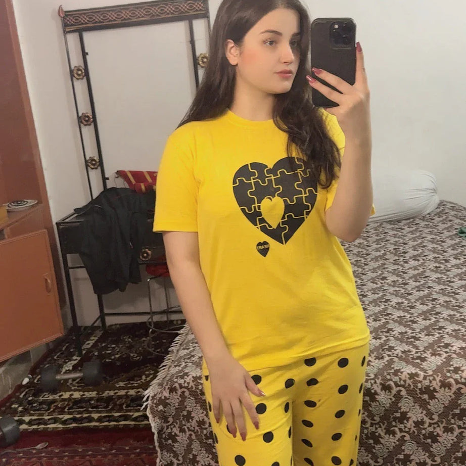 Yellow Puzzle Heart Night Suit