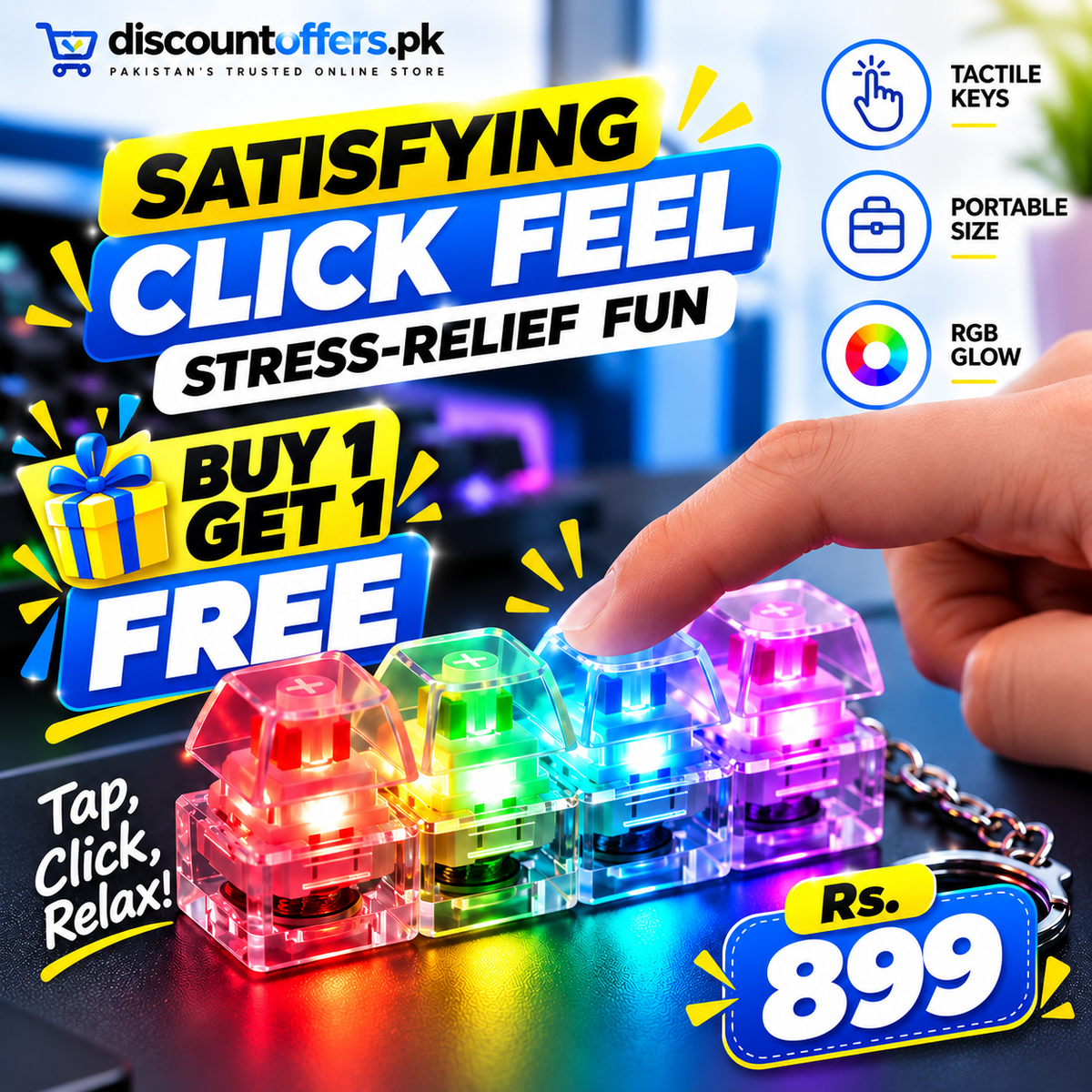 Buy 1 Get 1 FREE 4 Key Mechanical Keyboard Fidget Keychain