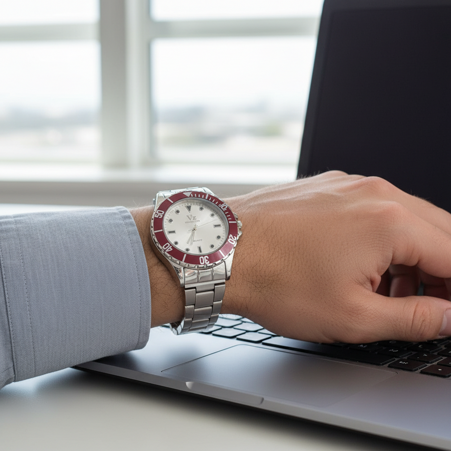 VZ Aurelia Silver Round Maroon Man Watch