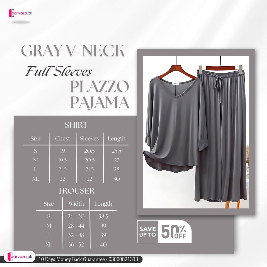Plain Gray V-Neck with Plazzo Pajama Full Sleeves Suit