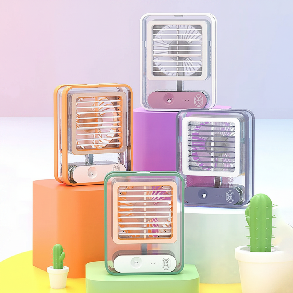 Portable Usb Rechargeable Air Conditioner Fan with 500 ml Water Tank with Mini Humidifier Fan and 7 Colors LED Light, 3 Timer, 3 Wind Speeds, 3 Spray Modes for Office & Home