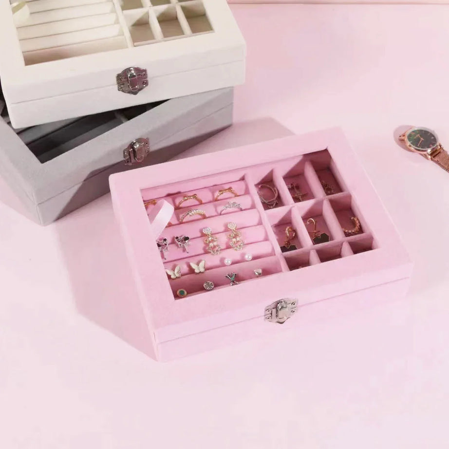 Velvet Glass Ring Earring Jewelry Display Organizer Box