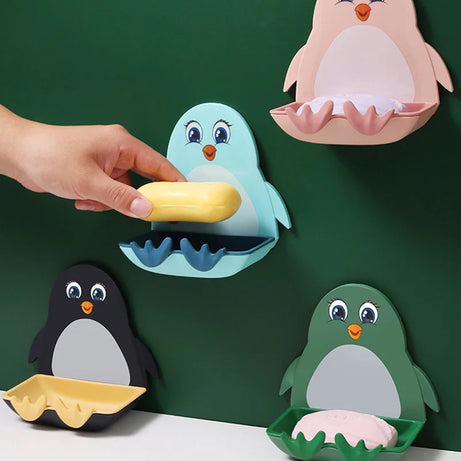 2 Pcs Wall-Mounted Soap Holder with Hook in Cute Penguins Shape Punch Free for Bathroom