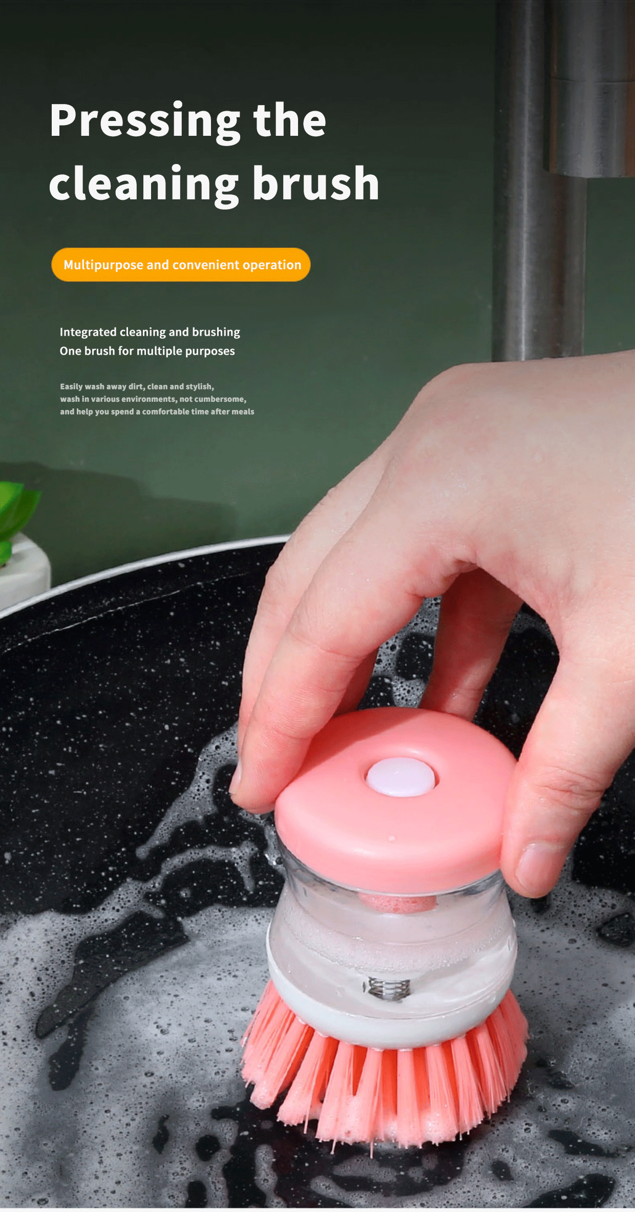 2 Pcs Kitchen Dishwasher Brush With Liquid Soap Dispenser