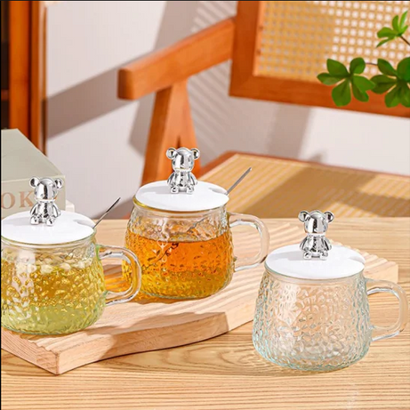 Cute and Creative Heat Resistant Bear Glass Tea Cup Coffee Milk Drinking Set with Lid and Straw in just Rs 899