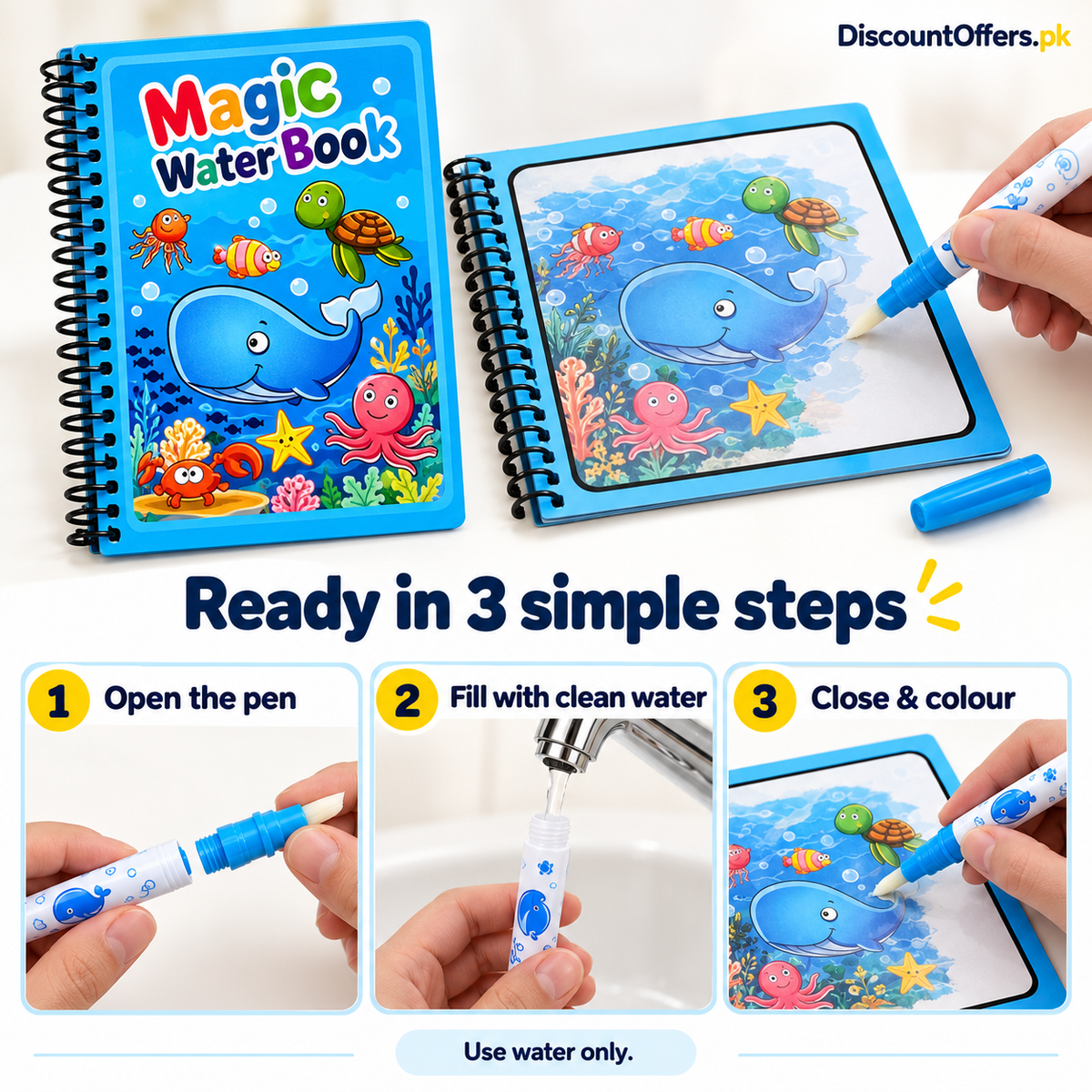 2 Magic Water Coloring Pens and 2 Drawing Reusable Books