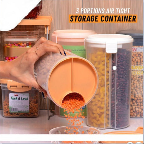Multi-purpose 3 in 1 Storage Jar with Three Portion Compartment Air Tight Storage Food Storage