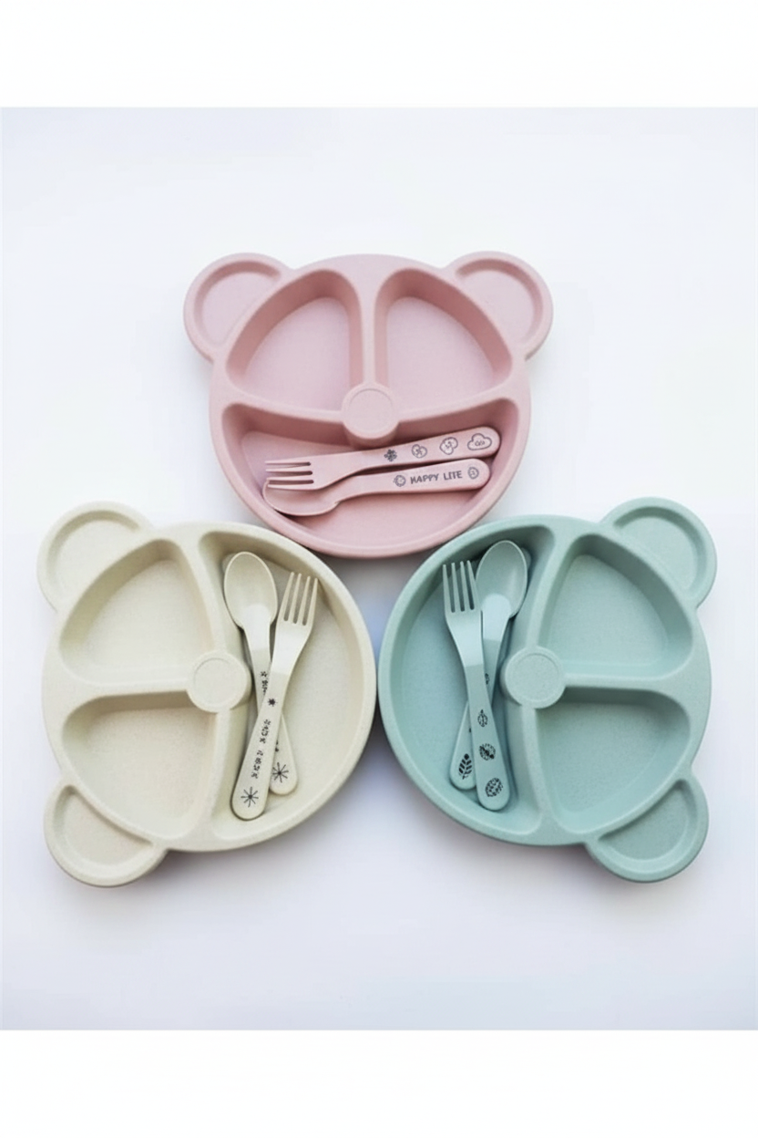 (Pack of 5) Multi Panda Shape Plates with 3 Spoons and 2 Forks
