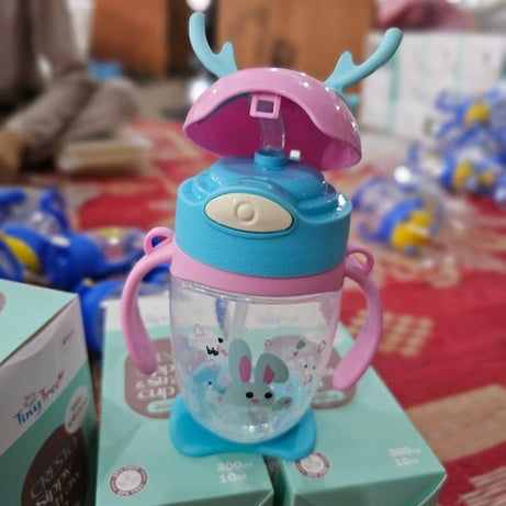 Portable Stain Resistant Kids Cute Bear Cartoon Straw Cup Water Bottle with Carry Strap and Measurement Marks For Children