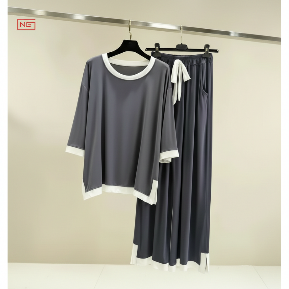 Grey White Round Neck Plazzo PJ Set