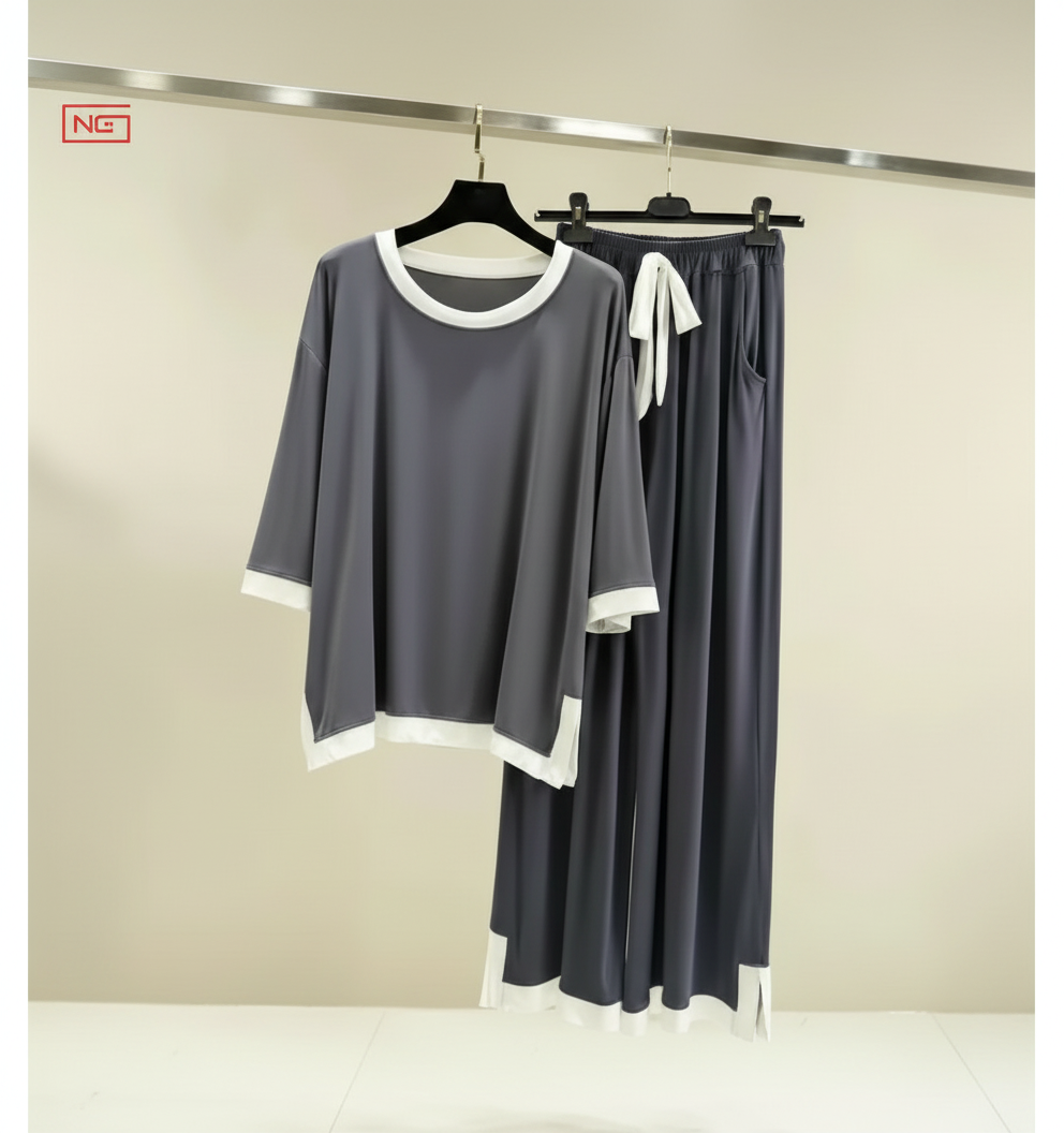 Grey White Round Neck Plazzo PJ Set