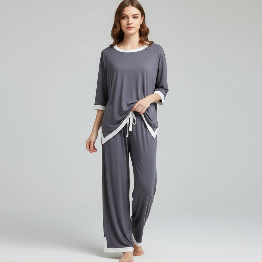 Grey White Round Neck Plazzo PJ Set