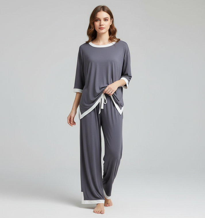 Grey White Round Neck Plazzo PJ Set