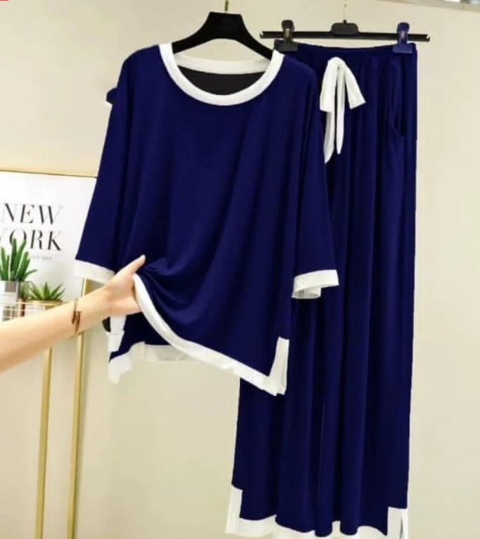 Navy Blue with White Round Neck Plazzo PJ Set