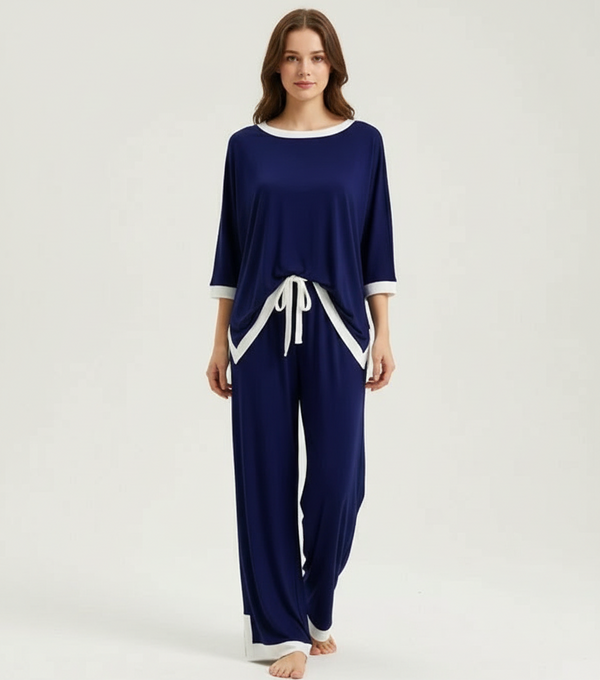 Navy Blue White Round Neck Plazzo PJ Set