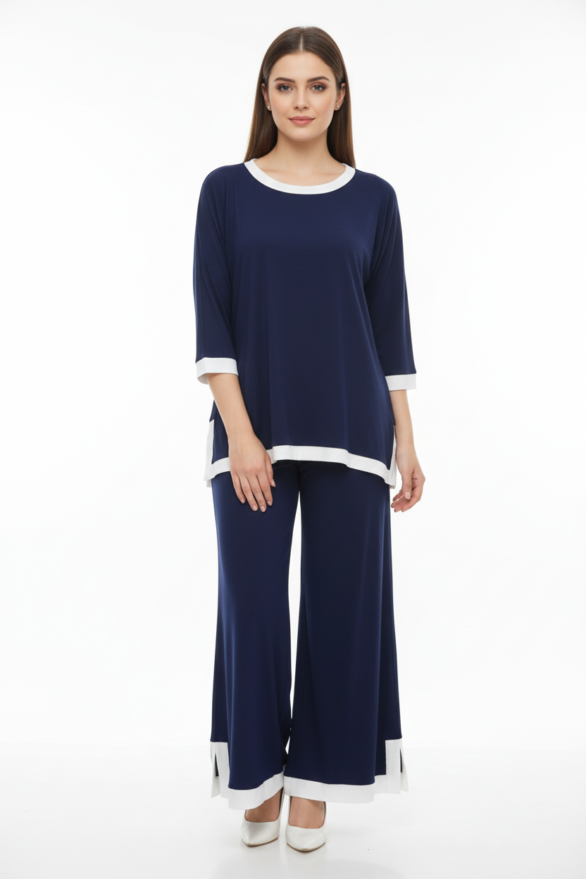 Navy Blue with White Round Neck Plazzo PJ Set