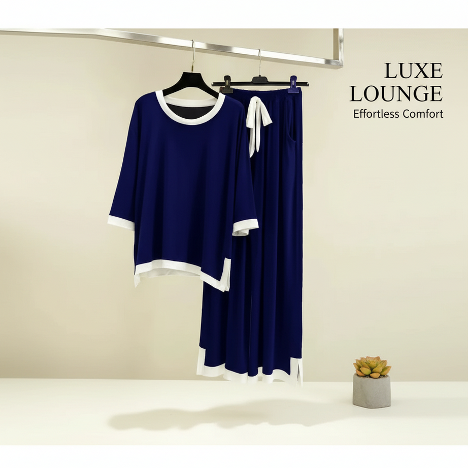 Navy Blue White Round Neck Plazzo PJ Set