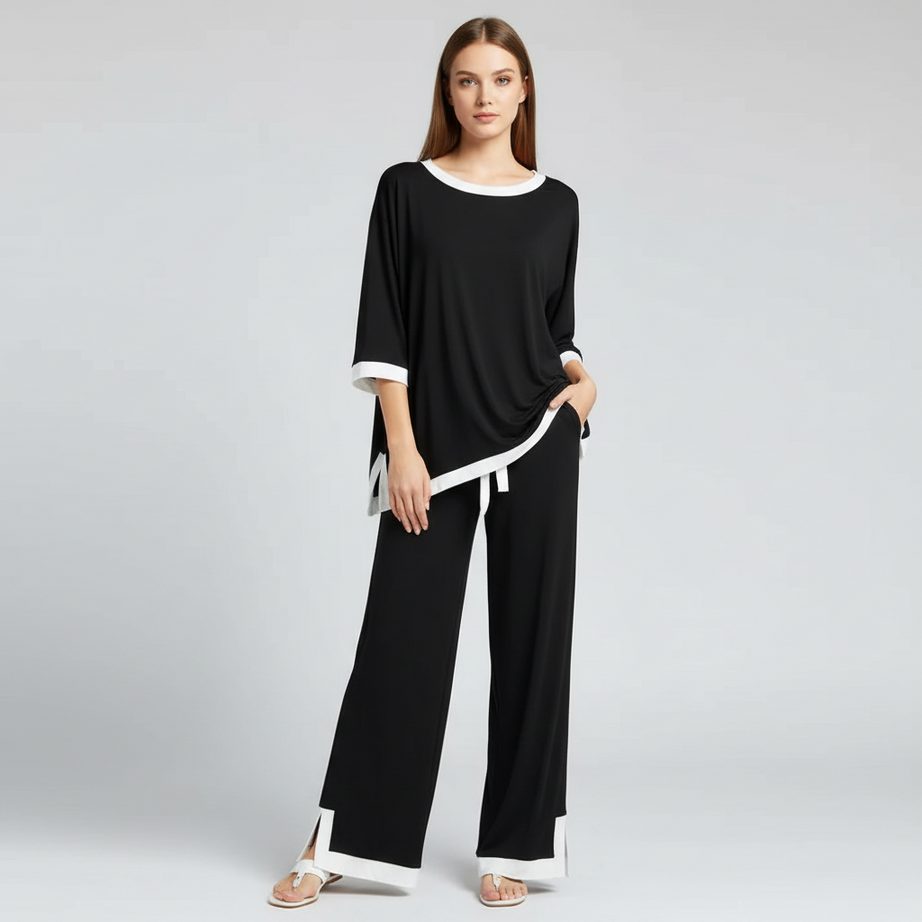 Black White Round Neck Plazzo PJ Set