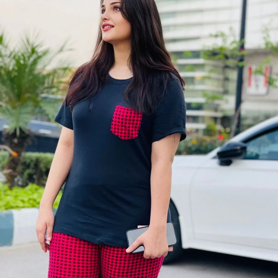 Black and Red Check Style Night Suit