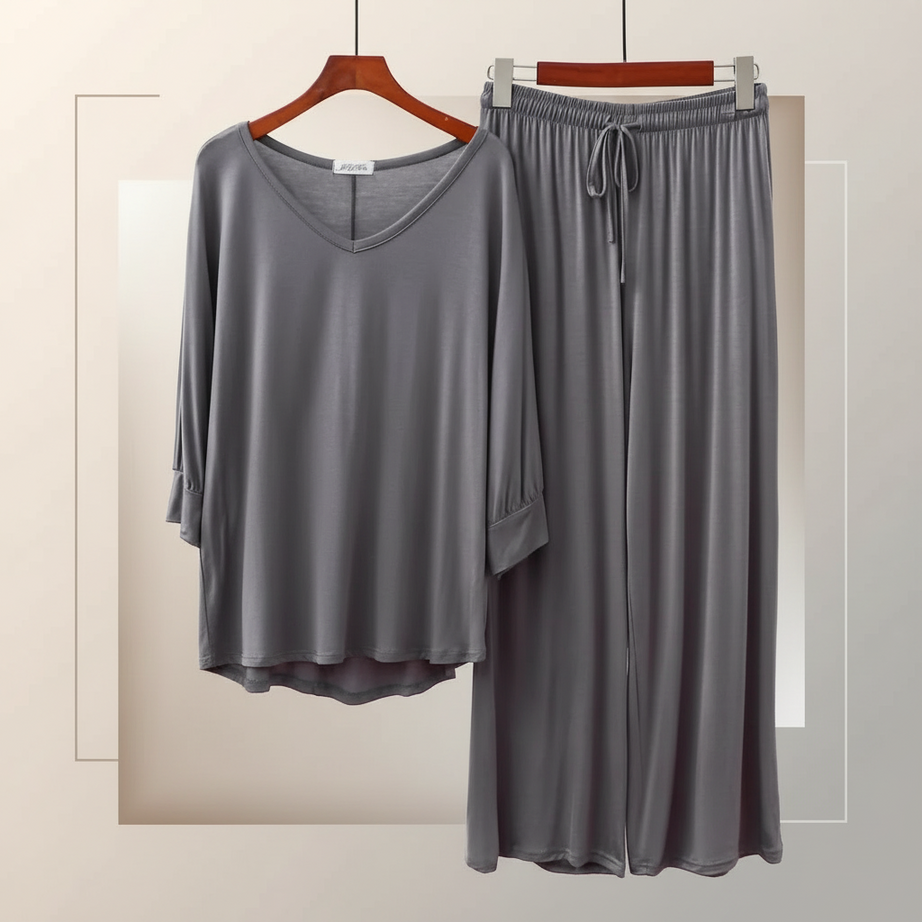 Plain Gray V-Neck with Plazzo Pajama Full Sleeves Suit