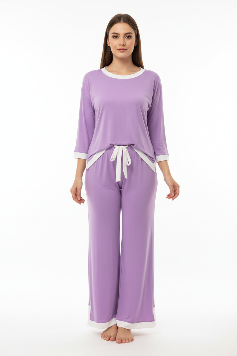 Purple White Round Neck Plazzo PJ Set