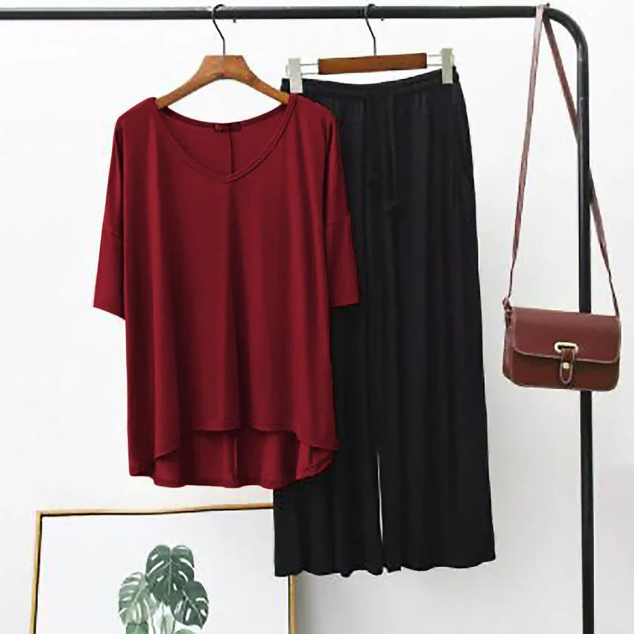 Plain Maroon V-Neck T-Shirt with Black Plazzo