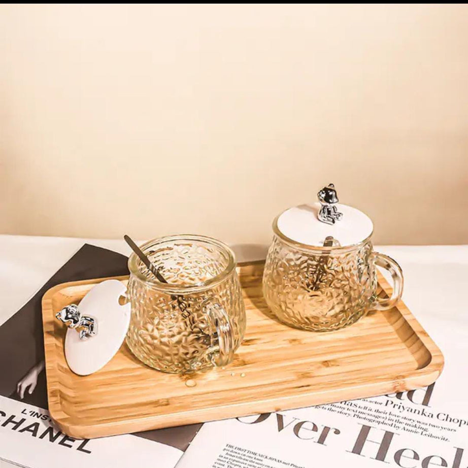 Cute and Creative Heat Resistant Bear Glass Tea Cup Coffee Milk Drinking Set with Lid and Straw in just Rs 899