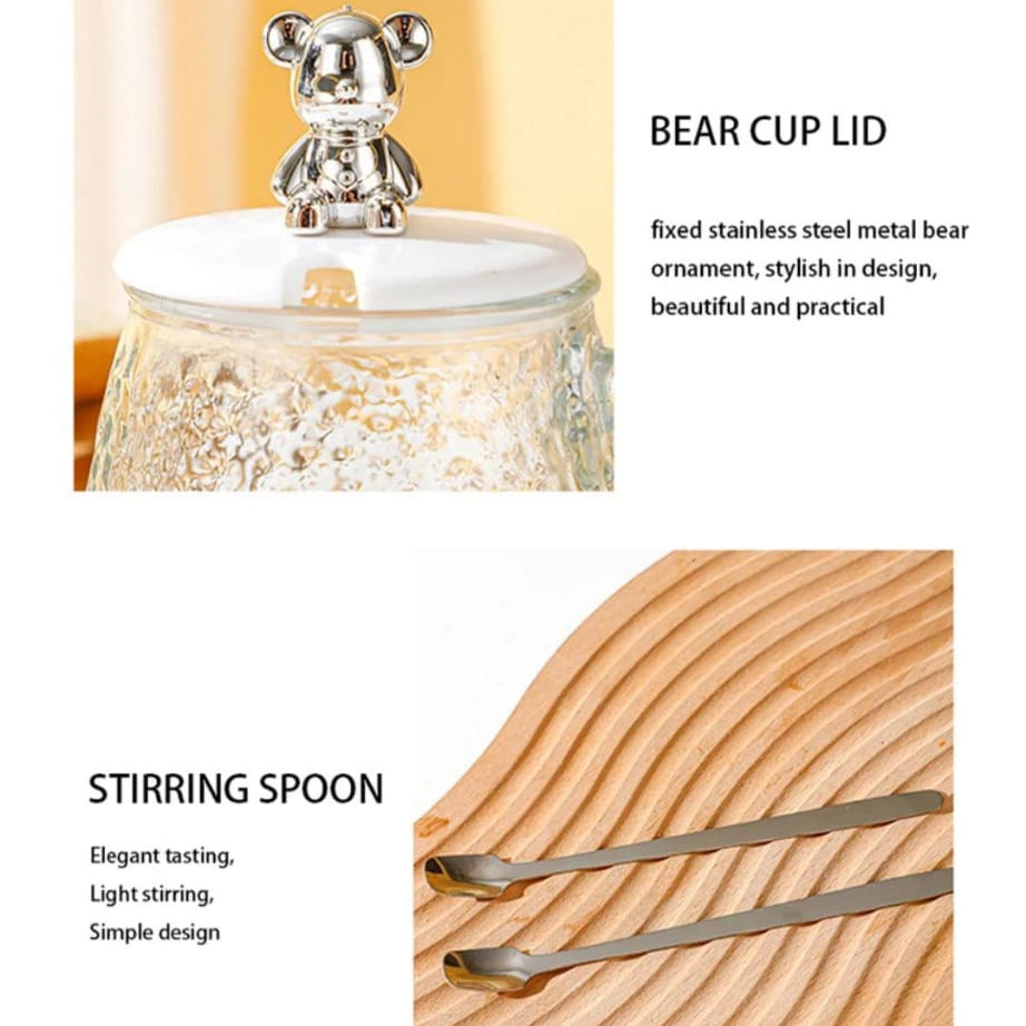 Cute and Creative Heat Resistant Bear Glass Tea Cup Coffee Milk Drinking Set with Lid and Straw in just Rs 899
