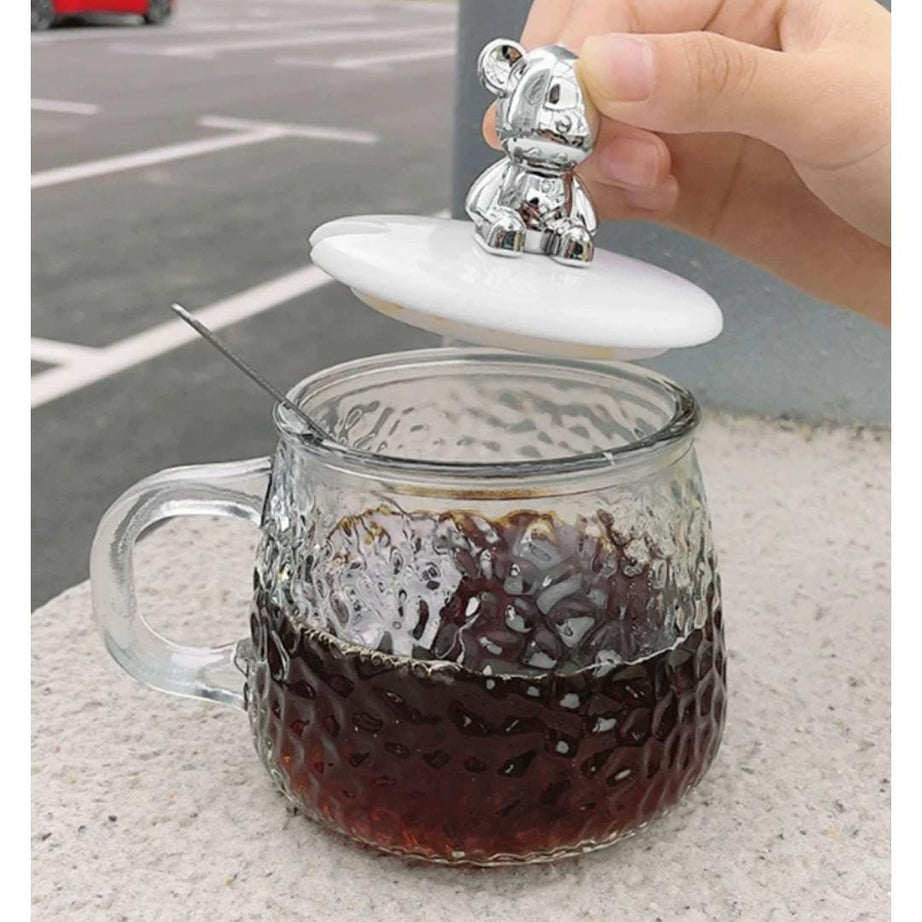 Cute and Creative Heat Resistant Bear Glass Tea Cup Coffee Milk Drinking Set with Lid and Straw in just Rs 899
