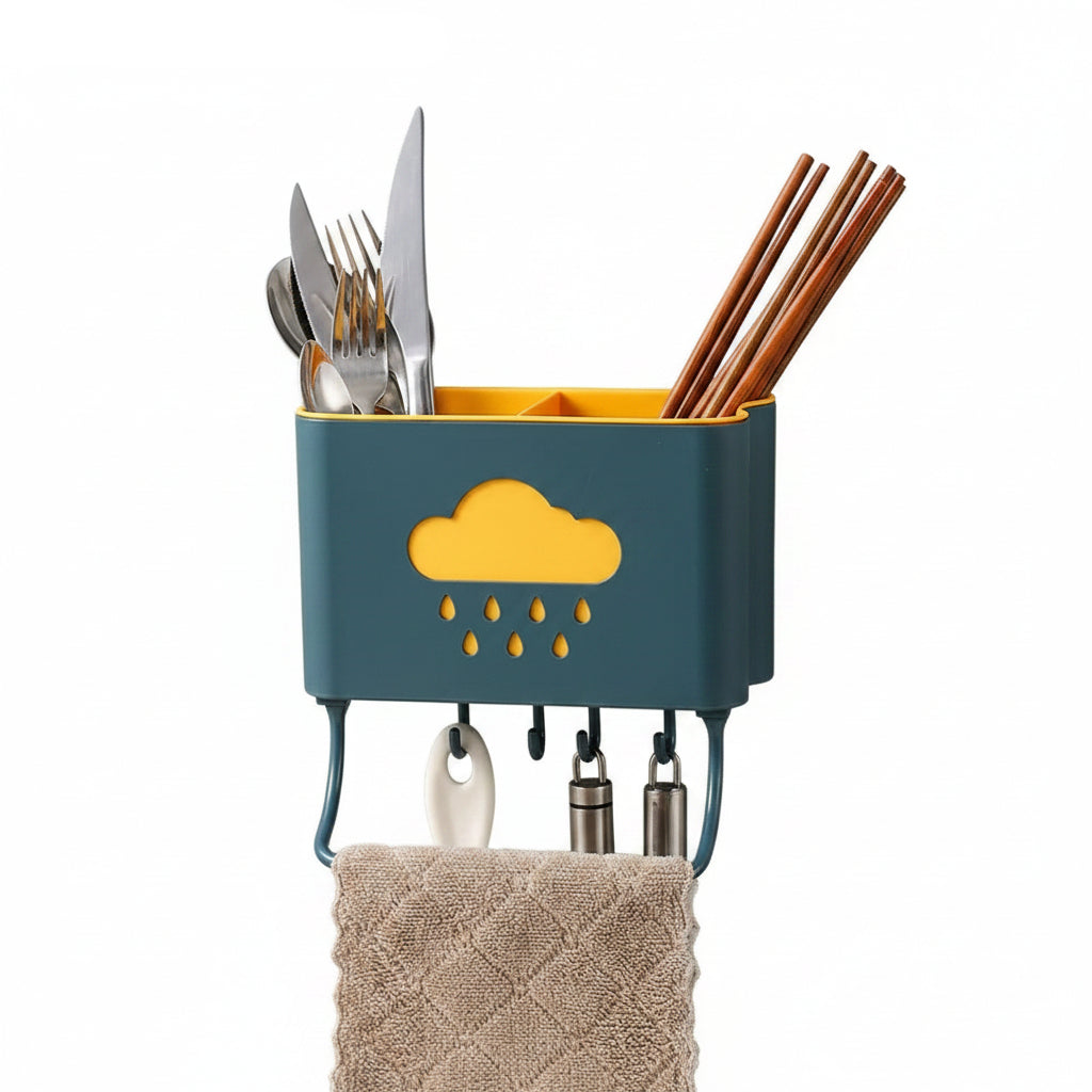 Kitchen Cloud Shelf Wall Mounted Cutlery Drainer Rack With 4 Hooks & Towel Holder for Kitchen