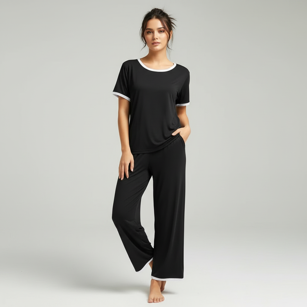 Plain Black T-Shirt with White Round Neck and Plazzo Pajama (Half Sleeve)