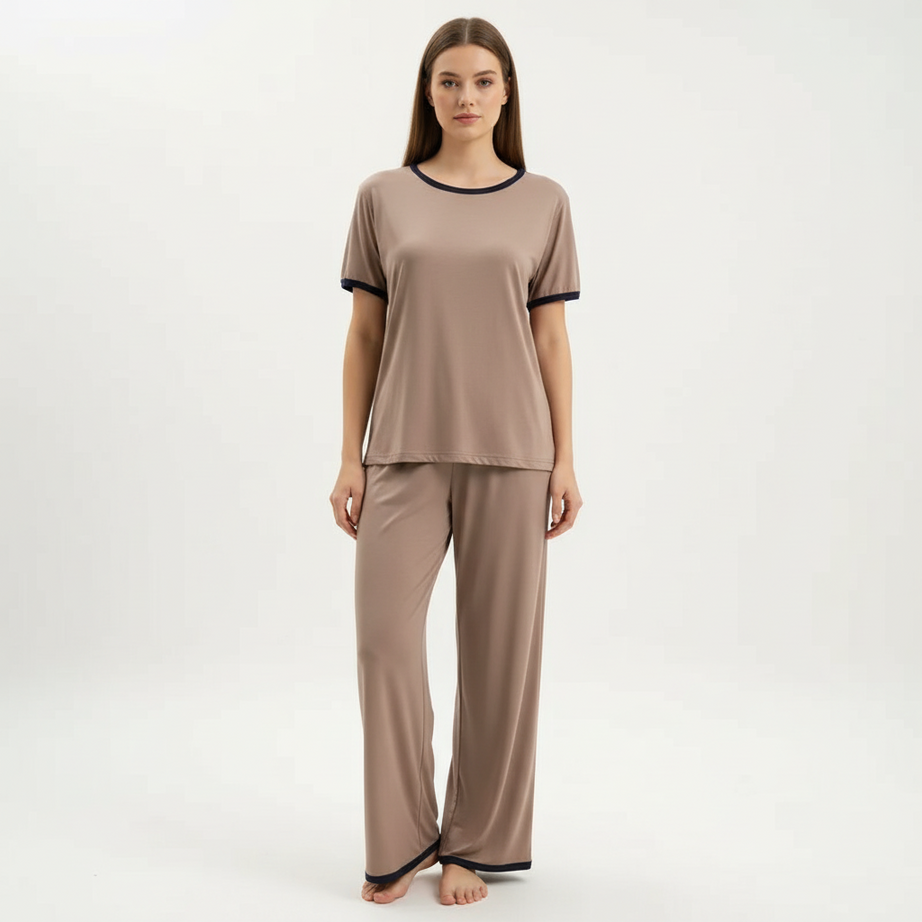 Plain Coffee Colour T-Shirt with Black Round Neck and Plazzo Pajama