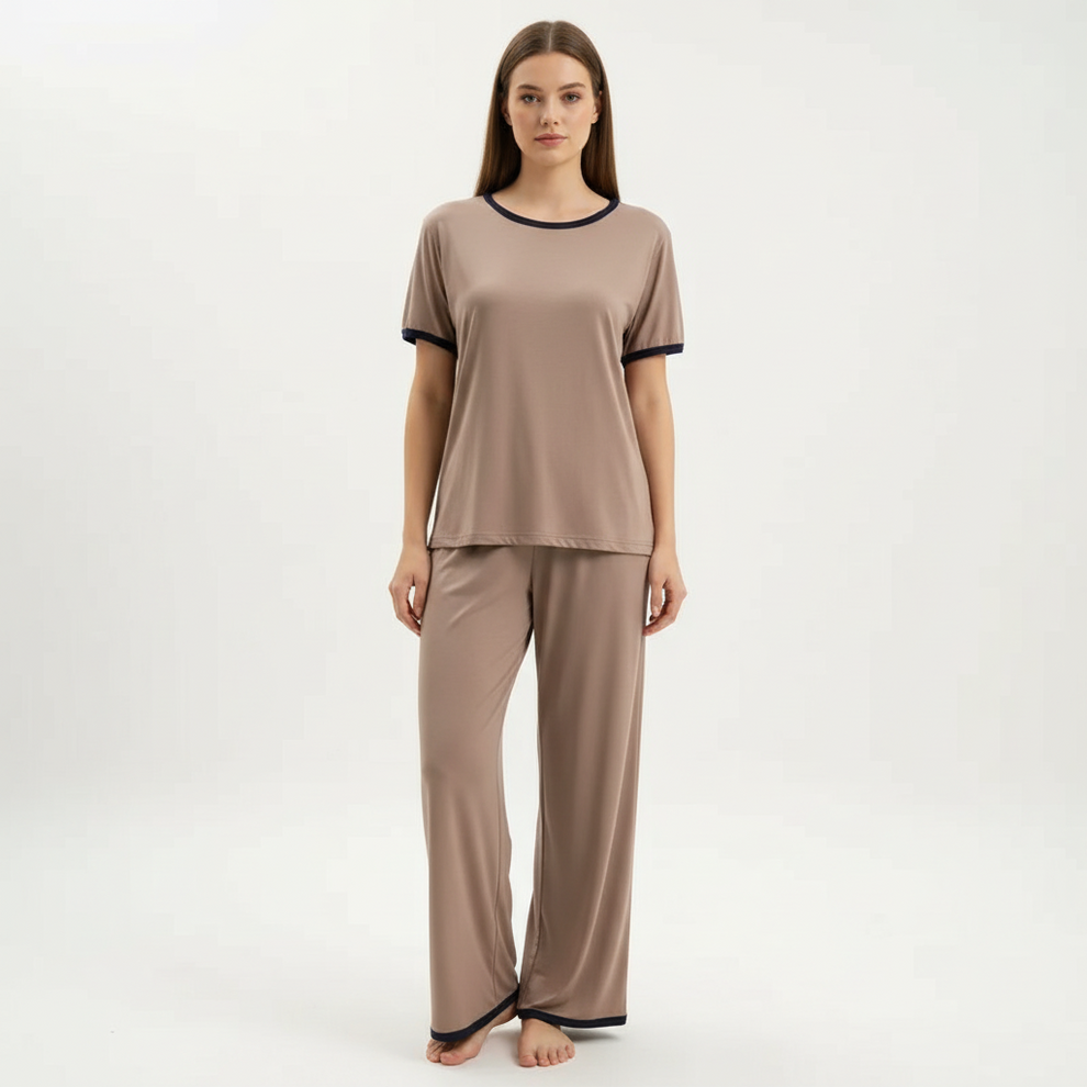 Plain Coffee Colour T-Shirt with Black Round Neck and Plazzo Pajama