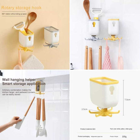 360 Degree Rotating Wall Mounted Self Adhesive Hanging Hook with Storage Box Organizer Holder For Kitchen Use