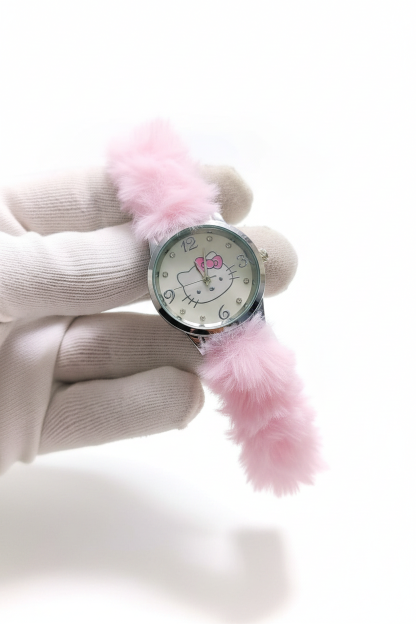 Beautiful Hello Kitty Cartoon Cat Round Shaped Clock Dial Analog Wristwatch For Kids and Women