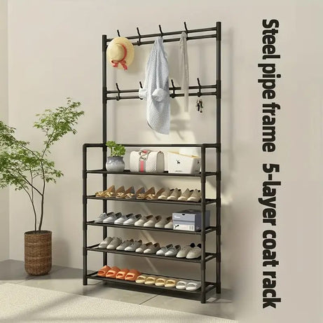 2 in 1 Metal Space Saving Entryway Coat and Shoe Racks Storage Organizer For Home Dorms and Apartments