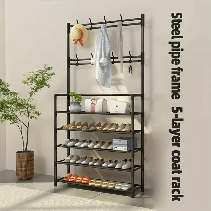 2 in 1 Metal Space Saving Entryway Coat and Shoe Racks Storage Organizer For Home Dorms and Apartments