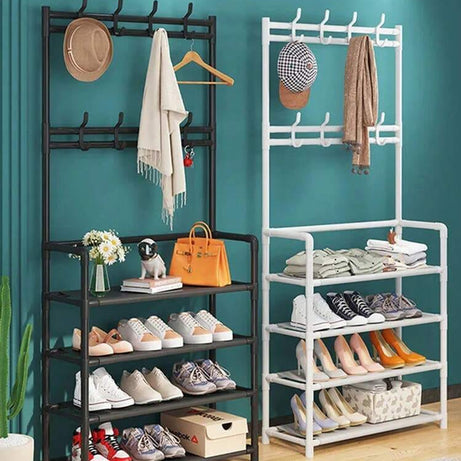 2 in 1 Metal Space Saving Entryway Coat and Shoe Racks Storage Organizer For Home Dorms and Apartments