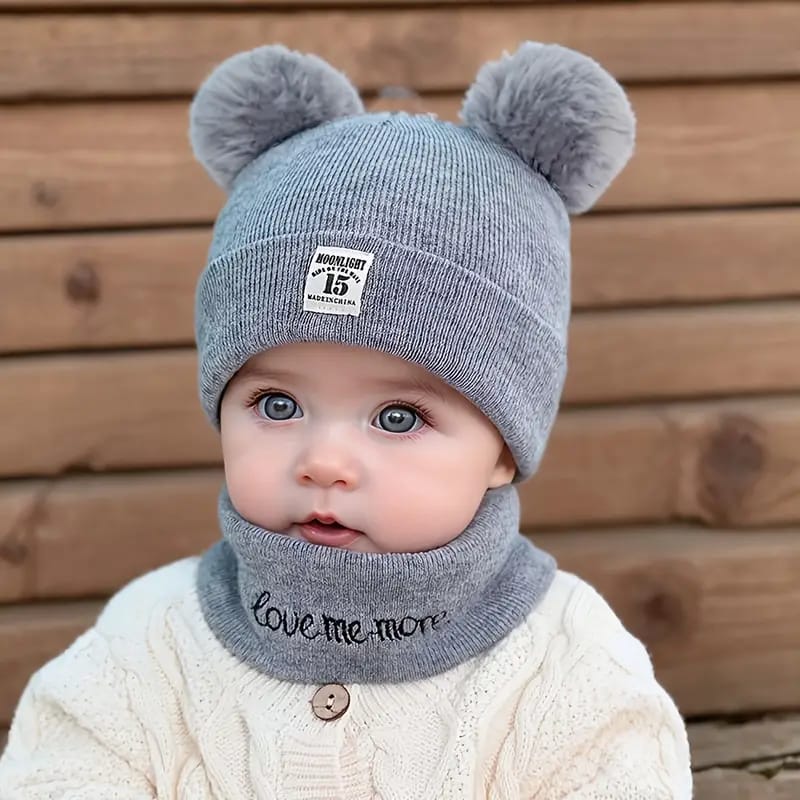 Woolen Warm Double Pom Pom Cap Beanie Hat and Muffler Winter Accessories for Baby Boys and Girls