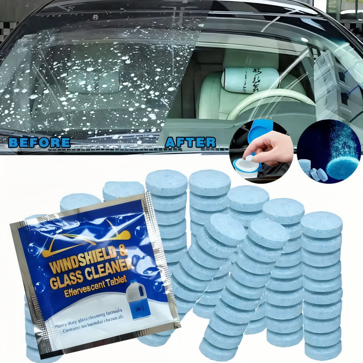 (Pack of 20) Water Dissolving Cleaning Tablets For Car Windshield Home and Outdoor Use
