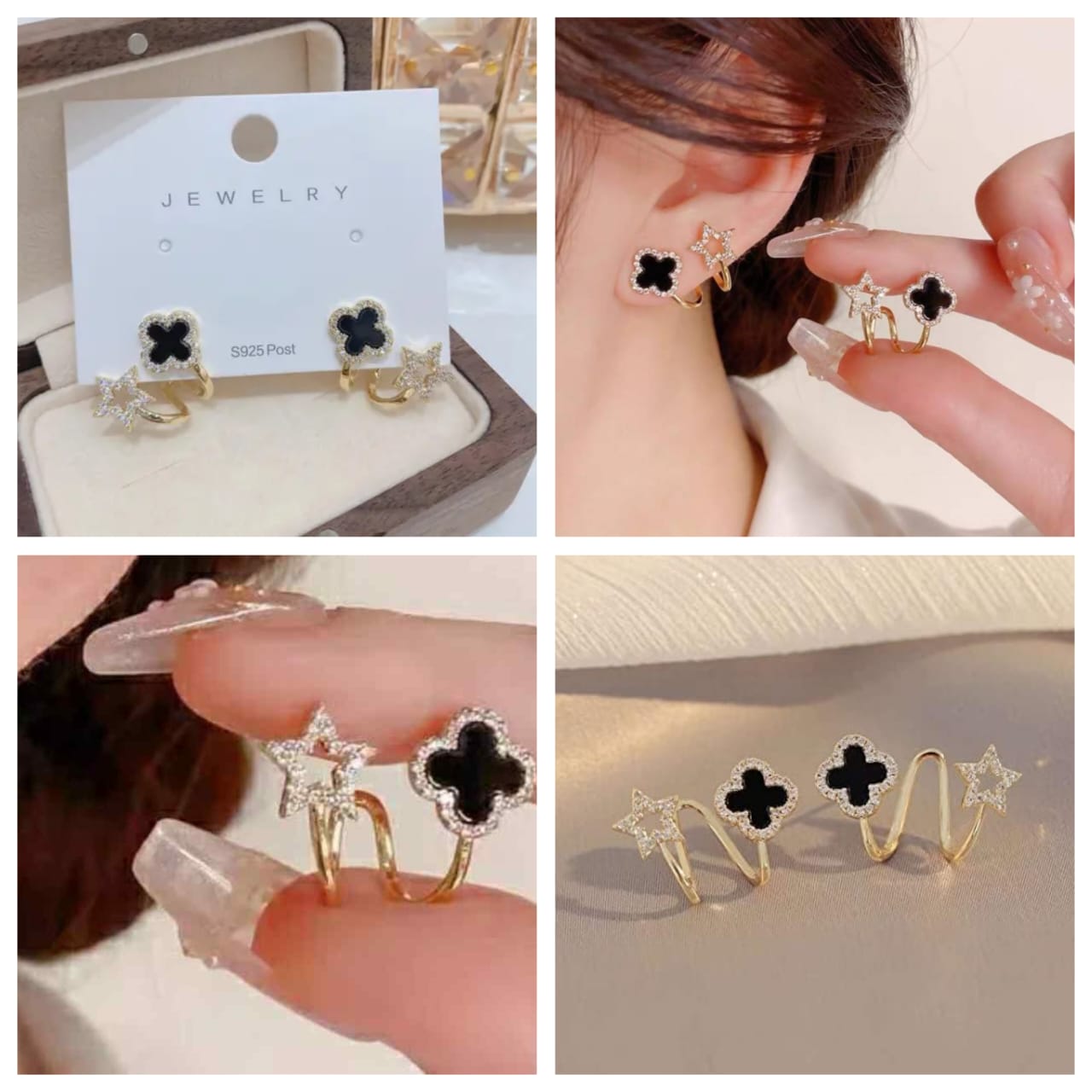 Gold Plated Stone Decor Star Four Leaf Clover Korean Earrings Black Cubic Zirconia Alloy Earring Set For Women