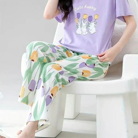 Lilac Bunny Printed Half Sleeves Night Suit